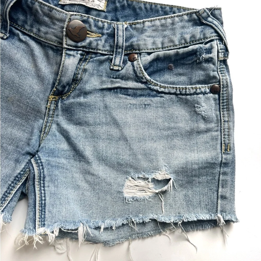 Free People Jean Shorts Distressed Raw Hem Mid Rise blue